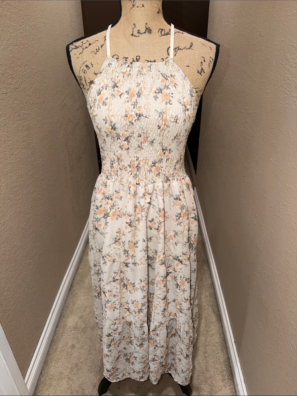 Smocked Halter Midi Dress in Cream with Peach Floral Print